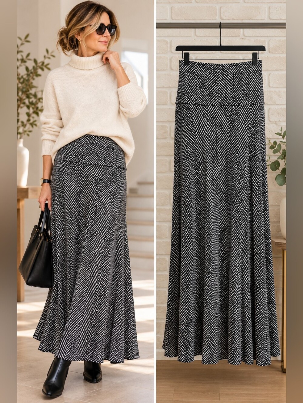 Joseph Ribkoff Maxi Skirt Size 8 Black White Chevron A-Line Stretch